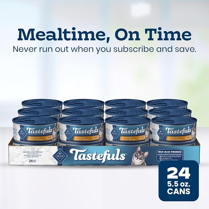Blue Buffalo Tastefuls Turkey & Chicken Paté Wet Cat Food for Adult Cats, Real Turkey First, Made with Natural Ingredients Enhanced with Vitamins, Minerals & Other Nutrients, 5.5-oz. Cans (24 Count)