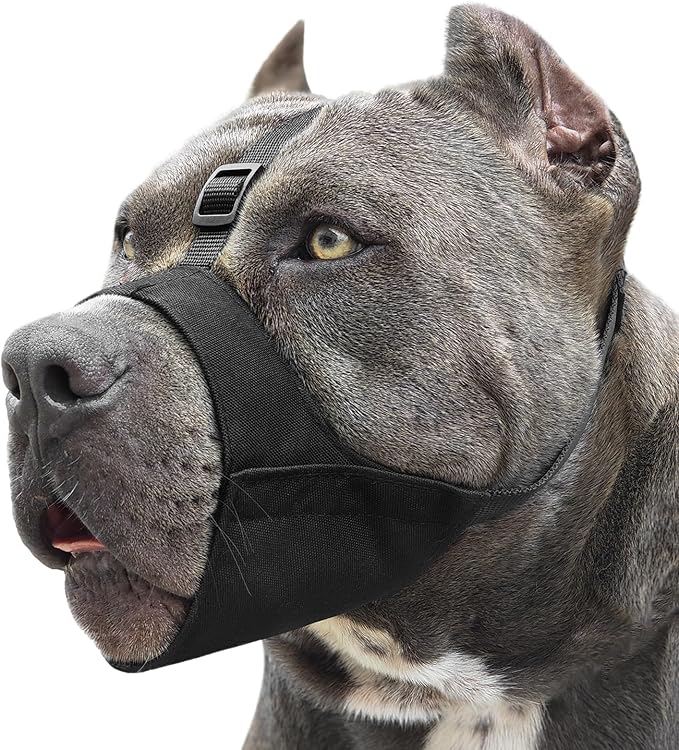 Mayerzon Pitbull Muzzle, Soft Dog Muzzle with Anti-Slip Strap for American Bully Bulldog Boxers Rottweilers, Fabric Mouth Guard for Medium Large Short Snout Dog Anti Biting Chewing, Allow to Drink