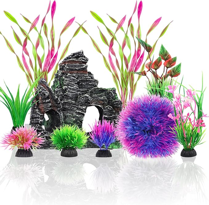 QUOZUO 10pcs Aquarium Artificial Plastic Plants Decorations and Rock Cave Decor Set, Fish Tank Accessories Small Large Fish Bowl Ornaments Set