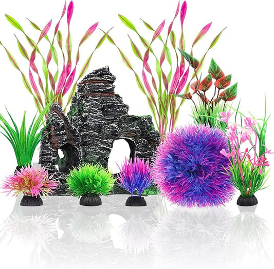 QUOZUO 10pcs Aquarium Artificial Plastic Plants Decorations and Rock Cave Decor Set, Fish Tank Accessories Small Large Fish Bowl Ornaments Set