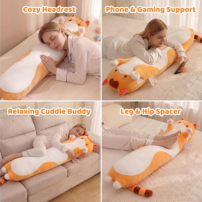 Mewaii Long Cat Plush 5 Sizes, 120% Extra Filling Giant Plushness Kids Body Pillow, Kawaii Cute Brown Cat Stuffed Animals Plushies, Big Long Body Pillow Cat Plush Gift for Girls 44”