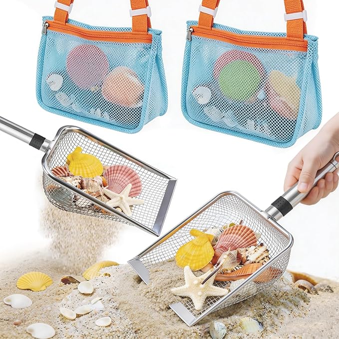 4 PCS Beach Mesh Shovel with Mesh Beach Bag for Shells Collecting and Filter Sand, Large Stainless Steel Sand Scooper for Picking Up Fossils, Big Shark Tooth Sifter Dipper Sand Toy for Kids and Adults