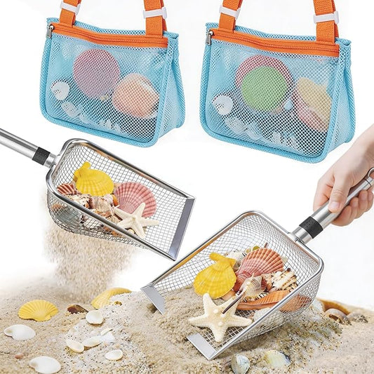 4 PCS Beach Mesh Shovel with Mesh Beach Bag for Shells Collecting and Filter Sand, Large Stainless Steel Sand Scooper for Picking Up Fossils, Big Shark Tooth Sifter Dipper Sand Toy for Kids and Adults