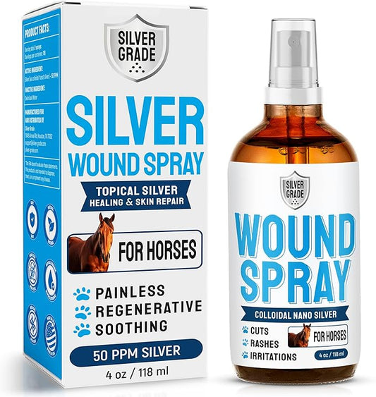 Horse Wound Care Spray with Silver – for Insect & Fly Bites, Hot Spots, Scratches & Itchy Skin – Supports Quick Healing of Cuts, Abrasions & Rain Rot Treatment for Horses – Equine Healing Aid – 4 Oz