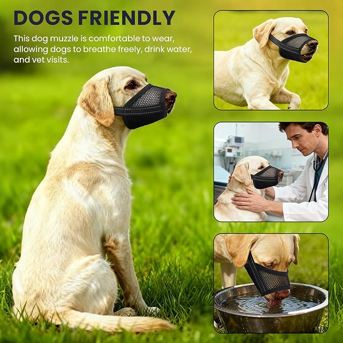2 Pack Dog Muzzle,Mesh Soft Muzzle for Small Medium Large Sized Dog, Anti Barking Biting, Breathable Adjustable Drinkable，Mouth Cover for Grooming Training（Black, XL