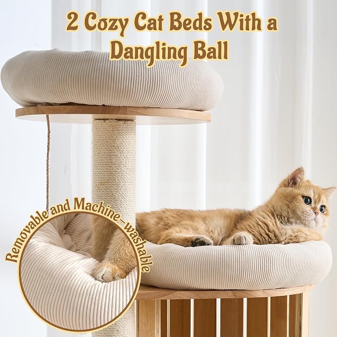70" Modern Wood Cat Tree for Indoor Cats, Multi-Level Cat Tower with 2 Hidden Cat Caves, Hammock, Elevated Top Beds & Sisal Scratching Posts, Furniture-Style Cat Condo for Multi-Cat Homes