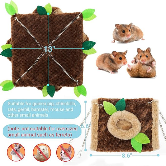 Small Animal Hammock - Hanging Hammock & Tunnel Hideout for Guinea Pig Hamster Parrot Rat Chinchilla - Warm Swing Plush Cage Bed Washable Pet Hammock with 5.9" Chian