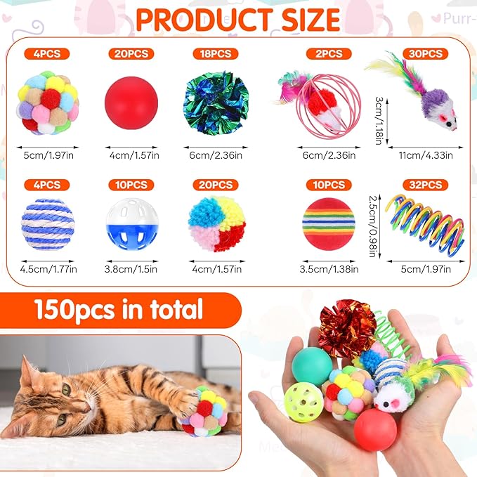 150 Pcs Cat Toys Bulk, Kitten Toys Assorted Cat Toy Variety Pack Cats Toy Bundle with Mice Rainbow Balls/Springs Crinkle Balls/Lattice/Sisal/Table Tennis/Plush/Caged Bell for Indoor Cats Kitty Kitten