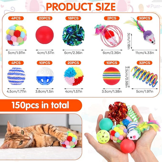 150 Pcs Cat Toys Bulk, Kitten Toys Assorted Cat Toy Variety Pack Cats Toy Bundle with Mice Rainbow Balls/Springs Crinkle Balls/Lattice/Sisal/Table Tennis/Plush/Caged Bell for Indoor Cats Kitty Kitten