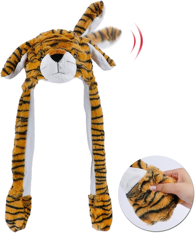 Bubblepompom Animal Hat with Ears Moving Jumping Pop Up Beating Hat Plush Holiday Cosplay Dress Up Funny Gift for Kids