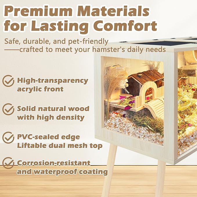 Prolee Hamster Cage with Curved Design,Chew Proof Wooden Hamsters Enclosure with Leg Stand and Openable Top or Gerbils,Hamster Habitat (40"x20"x20")