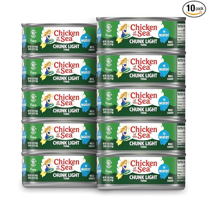 Chicken of the Sea Wild Caught Chunk Light Tuna, 5 Ounce Cans, 10-Count – High Protein 100% Classic Chunk Tuna in Water – Delicious, Easy, Nutritious Ready to Eat Meals