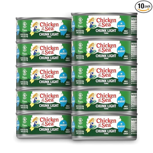 Chicken of the Sea Wild Caught Chunk Light Tuna, 5 Ounce Cans, 10-Count – High Protein 100% Classic Chunk Tuna in Water – Delicious, Easy, Nutritious Ready to Eat Meals