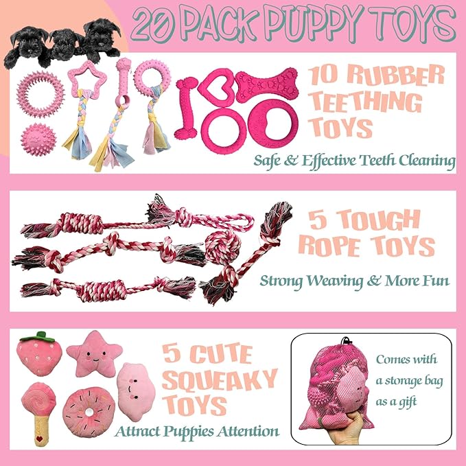 20Pcs Puppy Teething Toys for Small Medium Dogs - Cute Chew Toy Bundle Includes Plush Squeaky Toys, Rubber Ball, Rope Toy, TPR Bone, Dental Chew Ring - Interactive Dog Toy Gift with Storage Bag