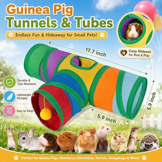 Rypet Guinea Pig Tunnel 3 Way Collapsible Small Pet Tunnels and Tubes with Interactive Ball for Baby Rabbit Ferret Hamster Chinchilla Hedgehog Hiding and Resting