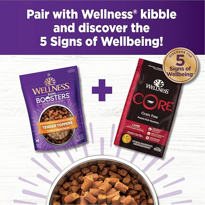 Wellness Bowl Boosters Tender Toppers Dog Food Topper for Small, Medium, and Large Breeds, Grain Free, Natural, Turkey and Chicken Recipe, 2 lb Bag
