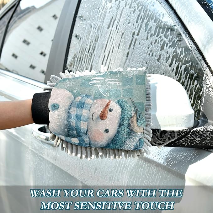 Car Wash Mitt Microfiber Wash Mitts for Car Washing Scratch-Free Cleaning Gloves Soft Non Absorbent Chenille Auto Hand Mitt Large 2Pack Christmas Snowman Blue White Checkered