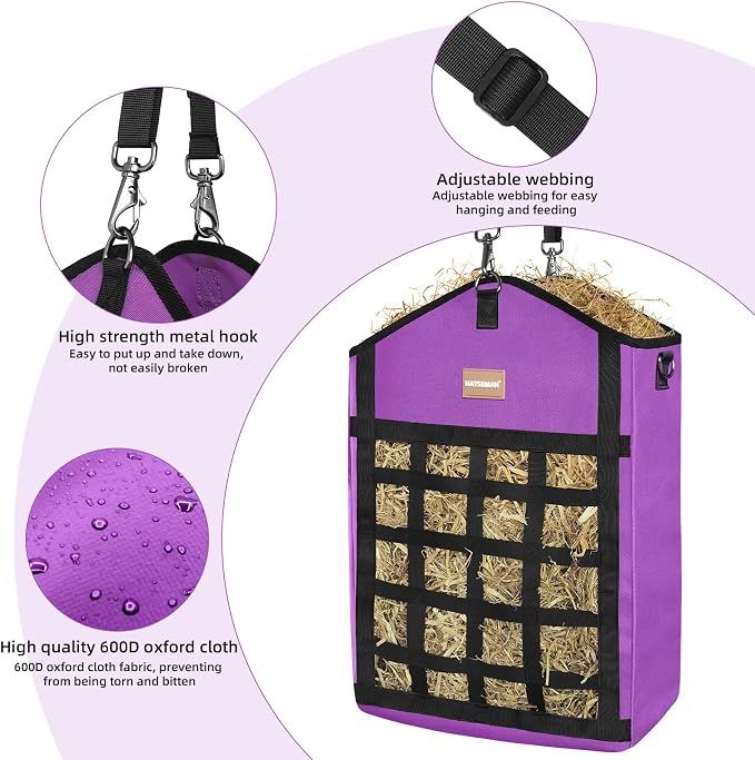 Innovative Hay Bags for Horses, Goat Hay Feeder with Reinforced Oxford Fabric and High Strength Metal Clasp,Horse Feeding Supplies with Adjustable Strap for Easy Hanging (Purple-1pack)