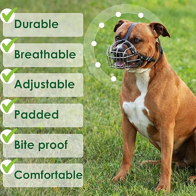 BRONZEDOG Pitbull Dog Muzzle Metal Mask Amstaff Wire Basket Pit Bull Adjustable Leather Straps for Large Dogs (Graphite Metal)