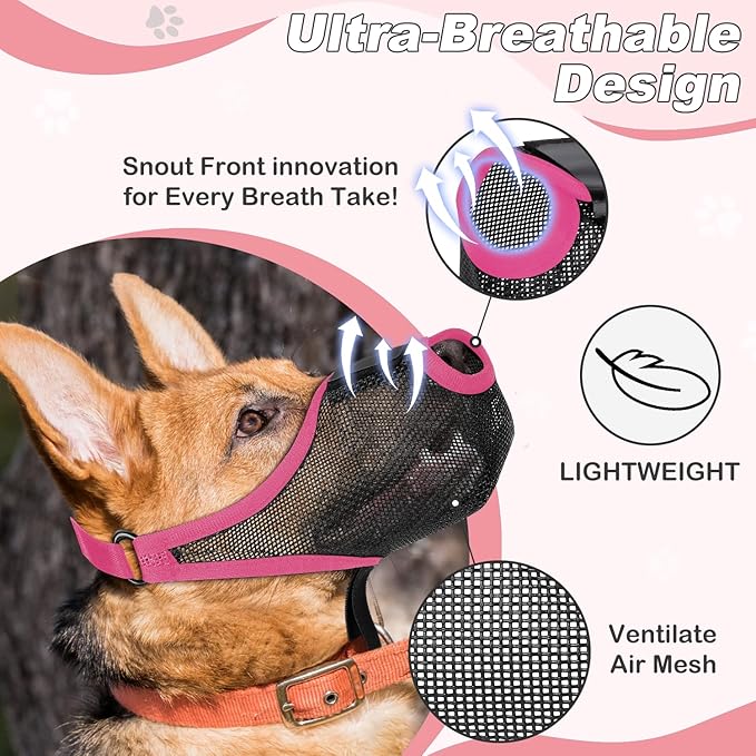 Dog Muzzle, Soft Air Mesh Muzzles for Small Sized Dogs, Breathable Dog Mussels for Scavenging Biting Licking & Barking, Adjustable Mouth Guard with Front Opening, Allows Panting and Drinking (Pink,S)