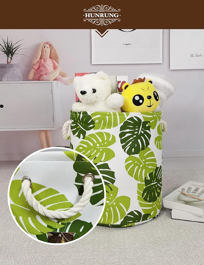 Collapsible Fabric Storage Basket, Waterproof Laundry Hamper with Handles, Round Storage Bin for Clothes Toys, Foldable Organizer for Bedroom Nursery Bathroom(Round Leaf)