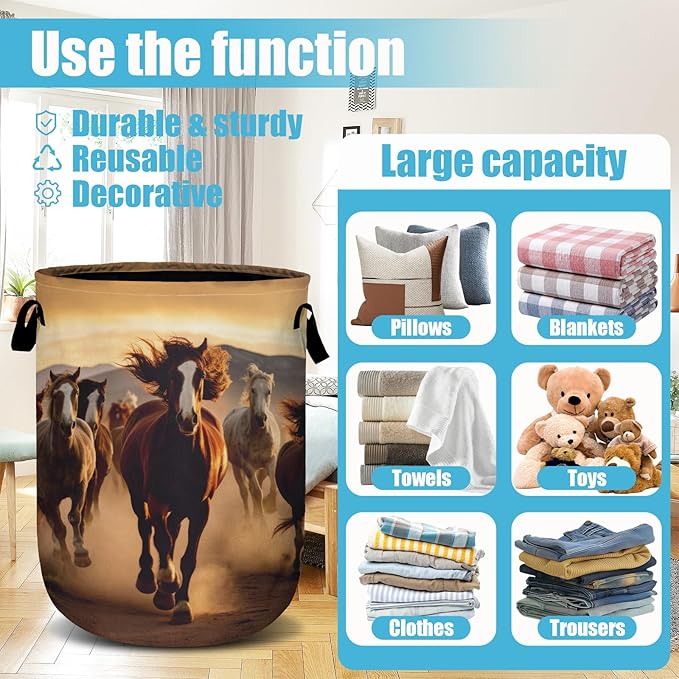 Running Horse Laundry Basket, Laundry Hamper Collapsible Oxford Cloth with Handle Clothes Storage Bin for Bathroom Laundry Room Bedroom 15.7 X 20 Inch