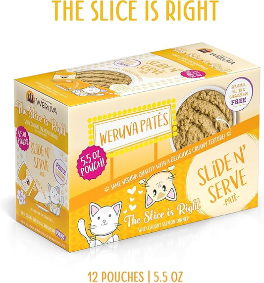 Weruva Wet Cat Food, The Slice is Right with Wild Caught Salmon Pate, 5.5oz Slide N Serve Pouch, Pack of 12