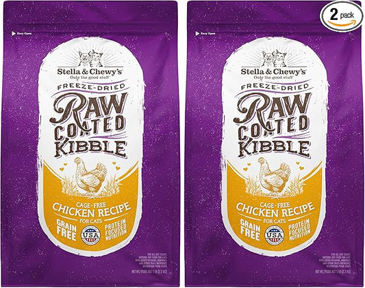 Stella & Chewy's Raw Coated Cat Food - High Protein, Grain-Free Kibble with Cage-Free Chicken - Premium Digestive Support with Probiotics - Natural Small Kibble - Perfect for Picky Eaters - 5 lb Bag