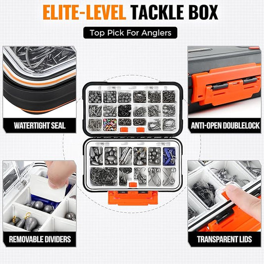 PLUSINNO 264/397pcs Fishing Accessories Kit, Organized Fishing Tackle Box with Tackle Included, Fishing Hooks, Fishing Weights Sinkers, Swivels, Beads, Fishing Gear Set Equipment for Bass Trout