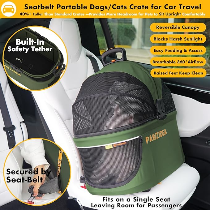 PAWZIDEA Pet Stroller 4 in 1, Foldable Cat Stroller with Detachable Carrier for Small Medium Dogs & Cats, Escape-Proof No-Zip Canopy, Lightweight Portable Travel Crate & Car Seat Combo, Storage Basket