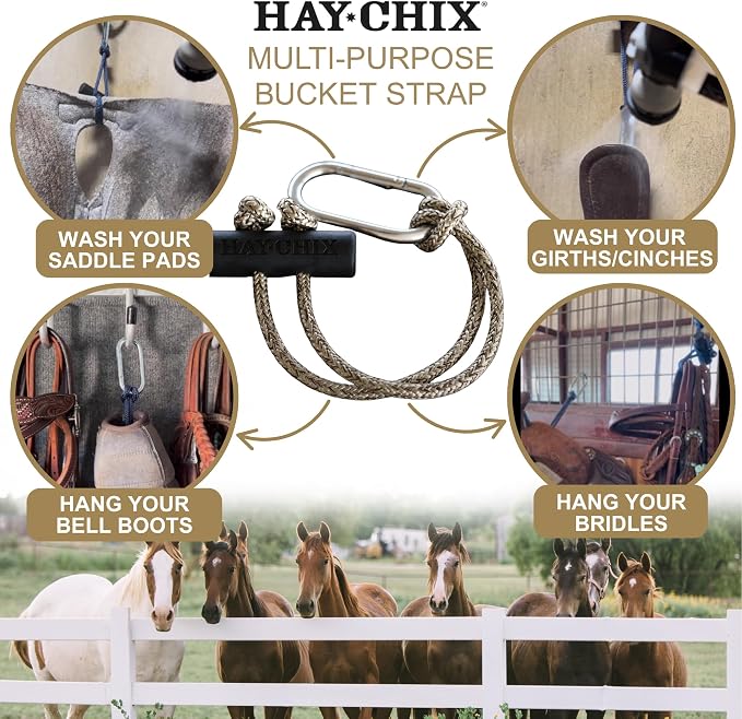 hay chix Horse Bucket Strap for Stalls | Bucket Hanger for Water Buckets | Multipurpose Hanging Strap for Trailer, Barn, Stable, and Horse Show Use | Easy to Use, Durable | 14 Inch, R. Gold