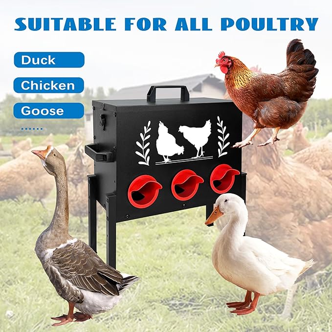 No Waste Automatic Chicken Feeder (30 LB), Rodent Resistant Metal Poultry Feeder with Locking Lid, Adjustable Stand & 8 Ports, Heavy Duty Weatherproof Feed Box for Hens, Ducks