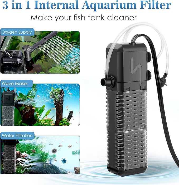 AQQA Aquarium Filter, Submersible Power Fish Tank Filter with Rainwater Aerator System Adjustable Water Flow Design, Ultra Silent Biochemical Sponge Filtration Up to Fish Tank 70 Gallon (9W-211GPH)