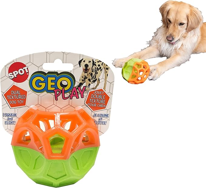 SPOT Geo Play Dual-Texture Cube Dog Toy – Durable Rubber & Foam, Squeaky, Floating, Treat-Dispensing Toy for Interactive Play, 3.5 Inches