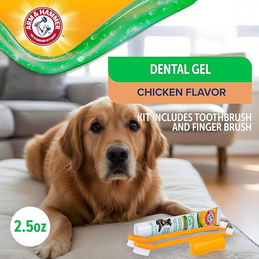 Arm & Hammer Complete Care Dental Gel Dog Toothbrush Kit, Includes Gel Toothpaste, Toothbrush, and Finger Brush, Baking Soda Enhanced, Fluoride Free, Chicken Flavor, 2.5 Oz