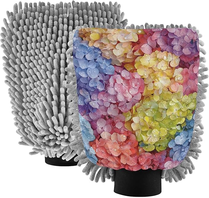 Car Wash Mitt Microfiber Wash Mitts for Car Washing Scratch-Free Cleaning Gloves Soft Non Absorbent Chenille Auto Hand Mitt Large 2Pack Colorful Hydrangea