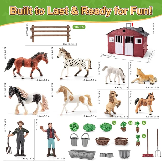 47PCS Horse Toys Stable Playset with Farm Fences for Girls Boys, Solid Plastic Horse Stable with a Handle, Farm Animal Barn Toys Horse Figurines for Kids, Birthday Gift Cake Toppers