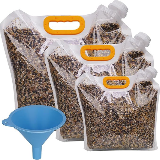 NiHome 3-Pack Bird Food Storage Bags for Birdseed, Sunflower Seeds, Nuts, Thistle Seeds, Pet Food, 10L/5L/2.5L Multi-Size Set with Funnel, Portable Handle and Easy-Pour Spout for Indoor & Outdoor Use