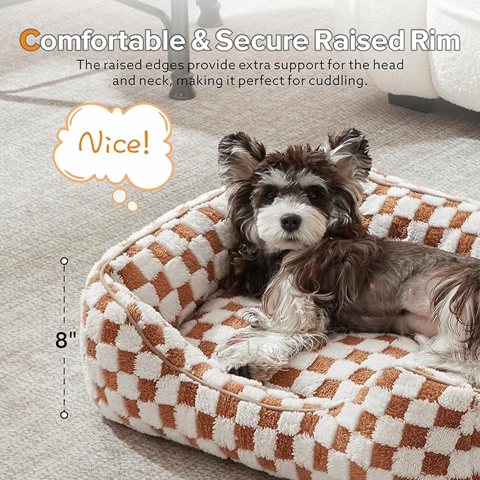 JOEJOY Dog Bed for Medium Small Dogs - Rectangle Orthopedic Dog Sofa Bed, Cute Modern Puppy Bed with Jacquard Shaggy Plush & Anti Slip Bottom, 25x21x8inches, Brown