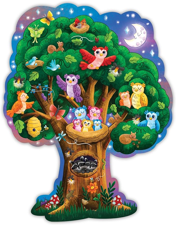 Peaceable Kingdom Shimmery Hoot Owl Hoot Floor Puzzle - 49-Piece Giant Floor Puzzle for Kids Ages 3 & up - Fun-Shaped Puzzle Pieces - Great for Classrooms