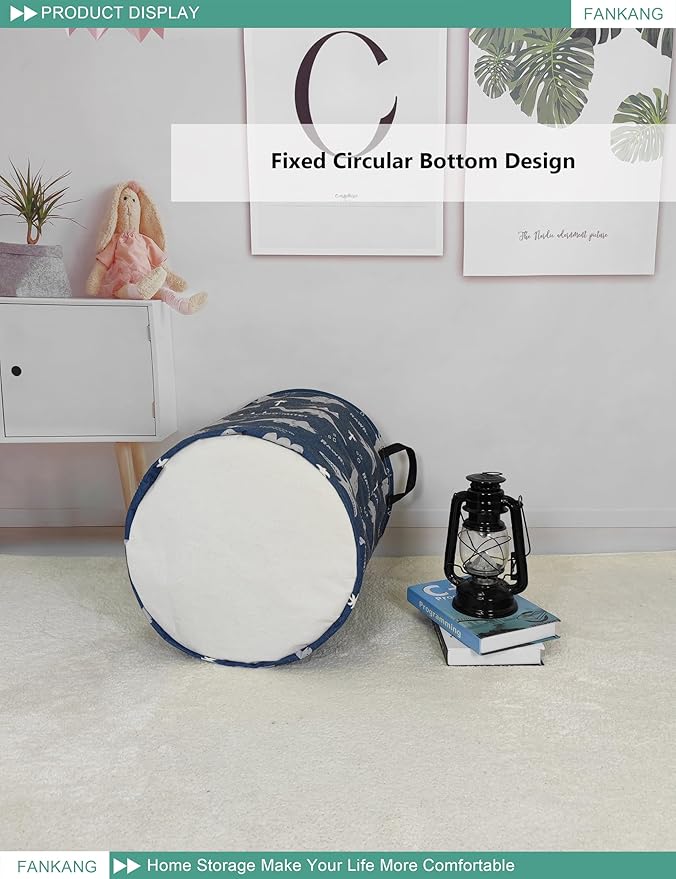 Storage Basket, Nursery Hamper Canvas Laundry Basket Foldable with Waterproof PE Coating Large Storage Baskets for Kids Boys and Girls, Office, Bedroom, Clothes,Toys(Blue dinosaur)