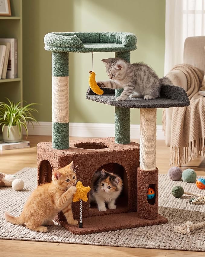 31" Cute Cat Tower for Indoor Kittens with Cat Condo, Plush Platform, Hammock, Sisal Scratching Posts, Dangling Ball, Tall Cat Tree Tower with Self-Grooming Brush (Olive Green)