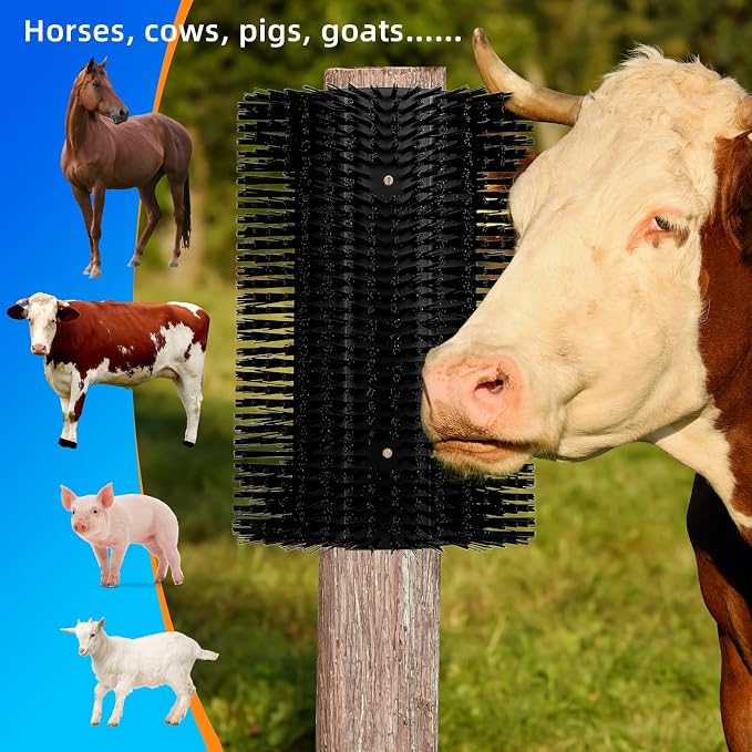 Extra Large Size Livestock Scratching Brush, Upgraded Horse/Goat/Cow/Cattle Scratcher Brush for Grooming, Itch Relief Horse Scratcher Brushes Kit with Two Sets of Mounting Screws(4-Pack,Black)