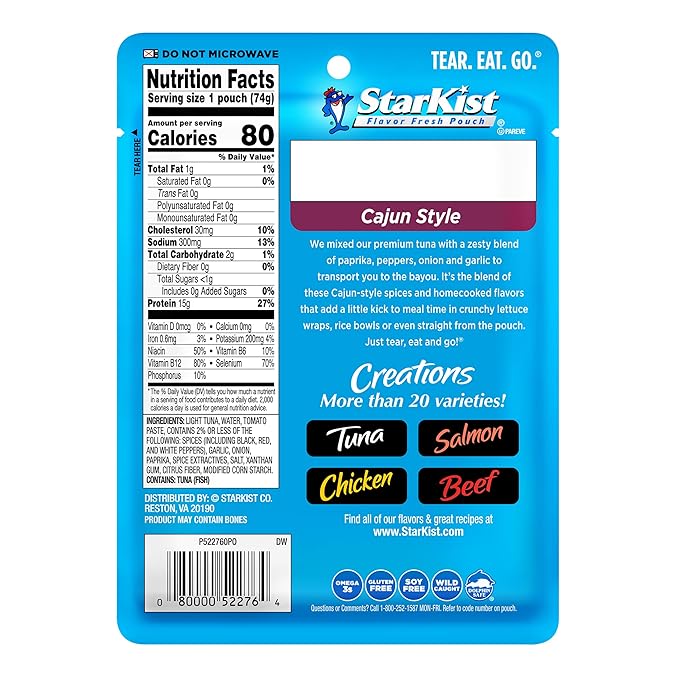 StarKist Tuna Creations Cajun Style Pouch (2.6 oz - 1 Pack) Wild Caught, High Protein Shelf Stable Seafood, Gluten Free, Soy Free, No Draining, Ready to Eat for Salads and Sandwiches