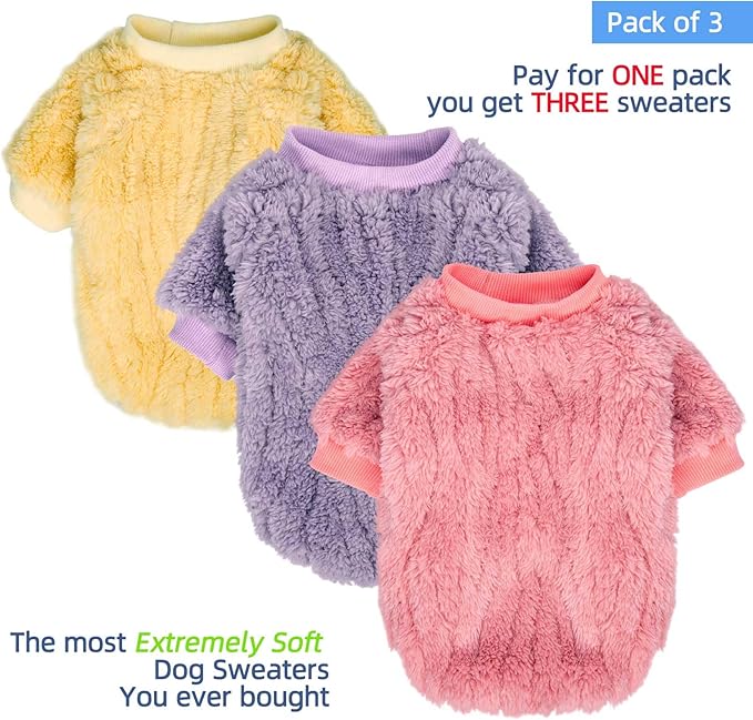 FabriCastle Dog Sweater, 3-Pack Dog Clothes & Coat, Pet Jacket for Small or Medium Dogs Boy or Girl, Soft and Warm Cat Sweaters Doggy Apparel Costumes Christmas (Lavender,Pink,Butter yellow, XX-Small)
