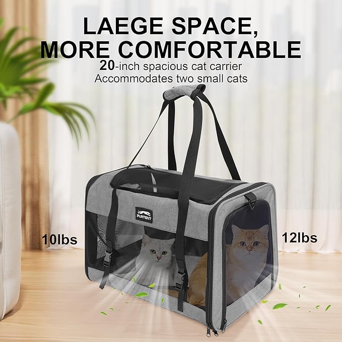 Soft Sided Cat Carrier for Large Cats, Pet Carrier for 2 Cats or Small Dogs Up to 25Lbs, Large Cat Carrier with Shoulder Strap, Cat Car Carrier with Safety Buckle & Cushion, 20x13x13 inches, Grey