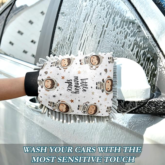 Car Wash Mitt Microfiber Wash Mitts for Car Washing Scratch-Free Cleaning Gloves Soft Non Absorbent Chenille Auto Hand Mitt Large 2Pack White Cute Monkeys in Spacesuits Stars