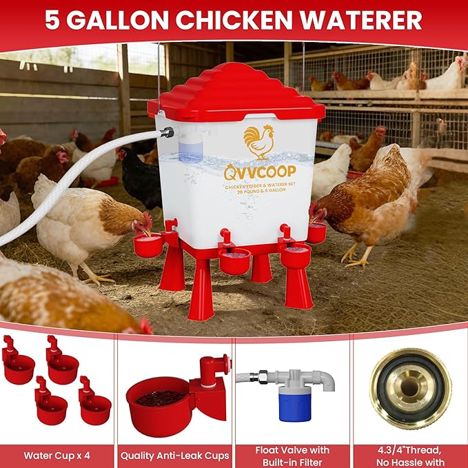Automatic Chicken Feeder and Waterer Set, 5 Gallon Chicken Waterer with Float Valve, Poultry Feeding and Watering Supplies, Elevated Water Dispenser, Large Capacity, Red, Float Controlled