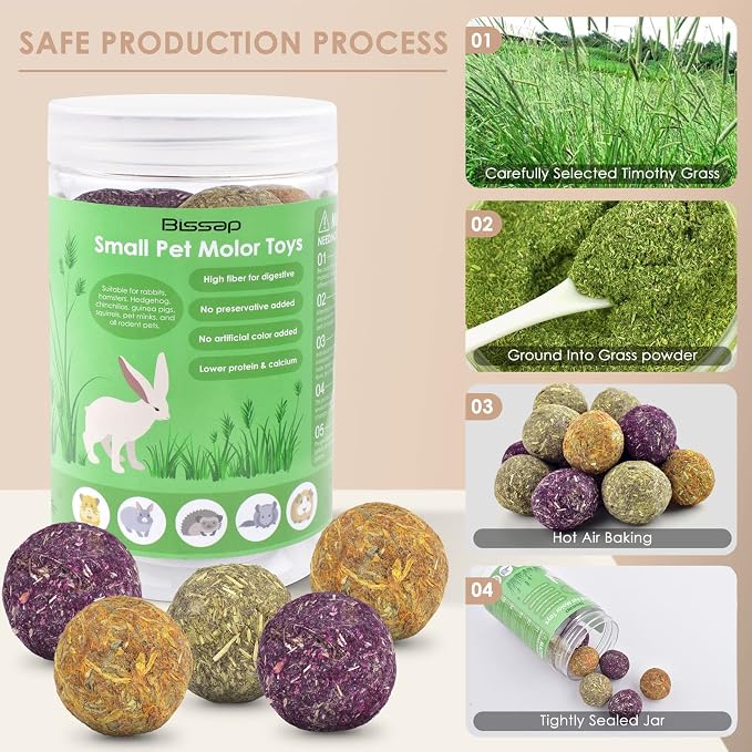 Bissap Bunny Chew Toys 15PCS, 100% Natural Flowers Flavored Timothy Hay Balls Rabbit Chew Treats for Hamster Guinea Pigs Rats Chinchillas Gerbils and Other Small Animals Teeth Care