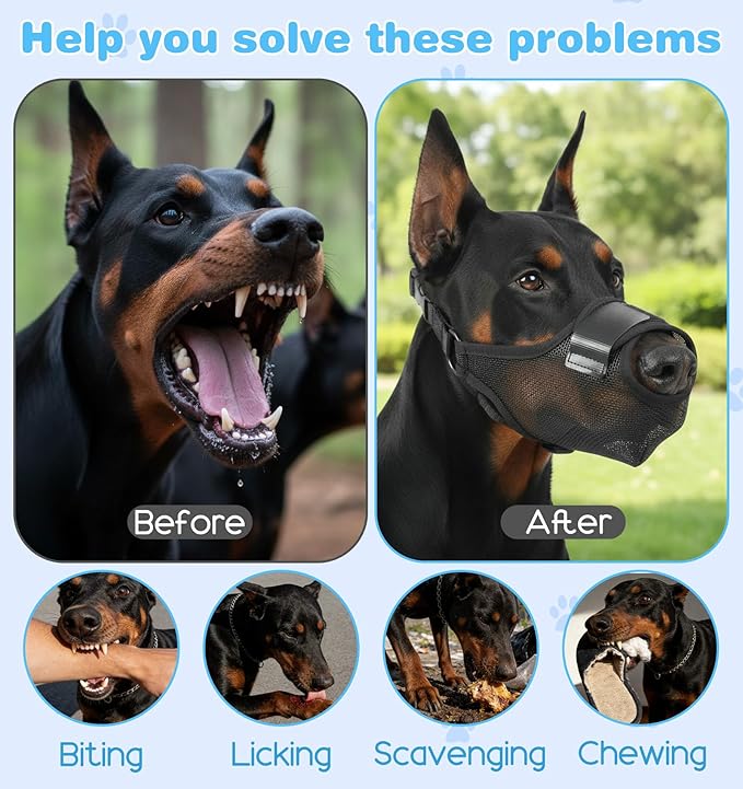 Dog Muzzle, Anti Scavenging Mesh Muzzle for Dogs, Breathable Soft Muzzles, Adjustable for Huskies and Dobermans, Allows Panting & Drinking